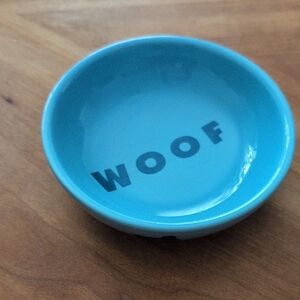 Blue Dog Bowl with 'WOOF' Text